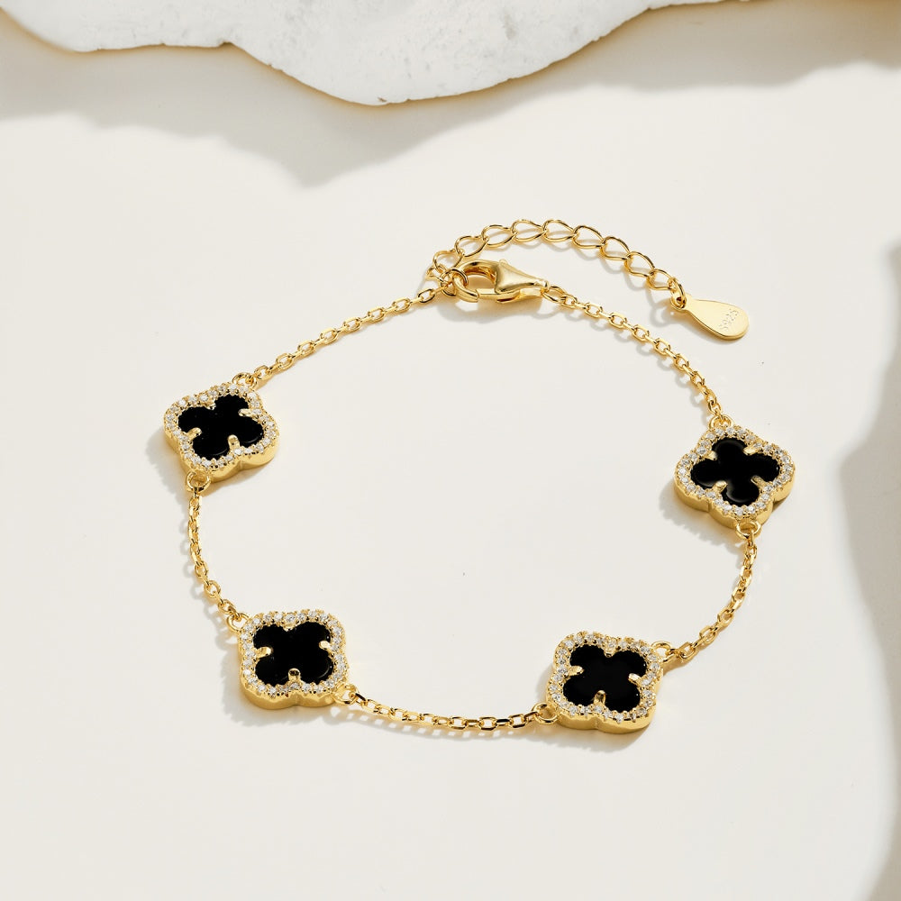 Silver S925 black onyx white round zirconia with diamonds four-leaf clover design fashionable delicate hundred bracelets