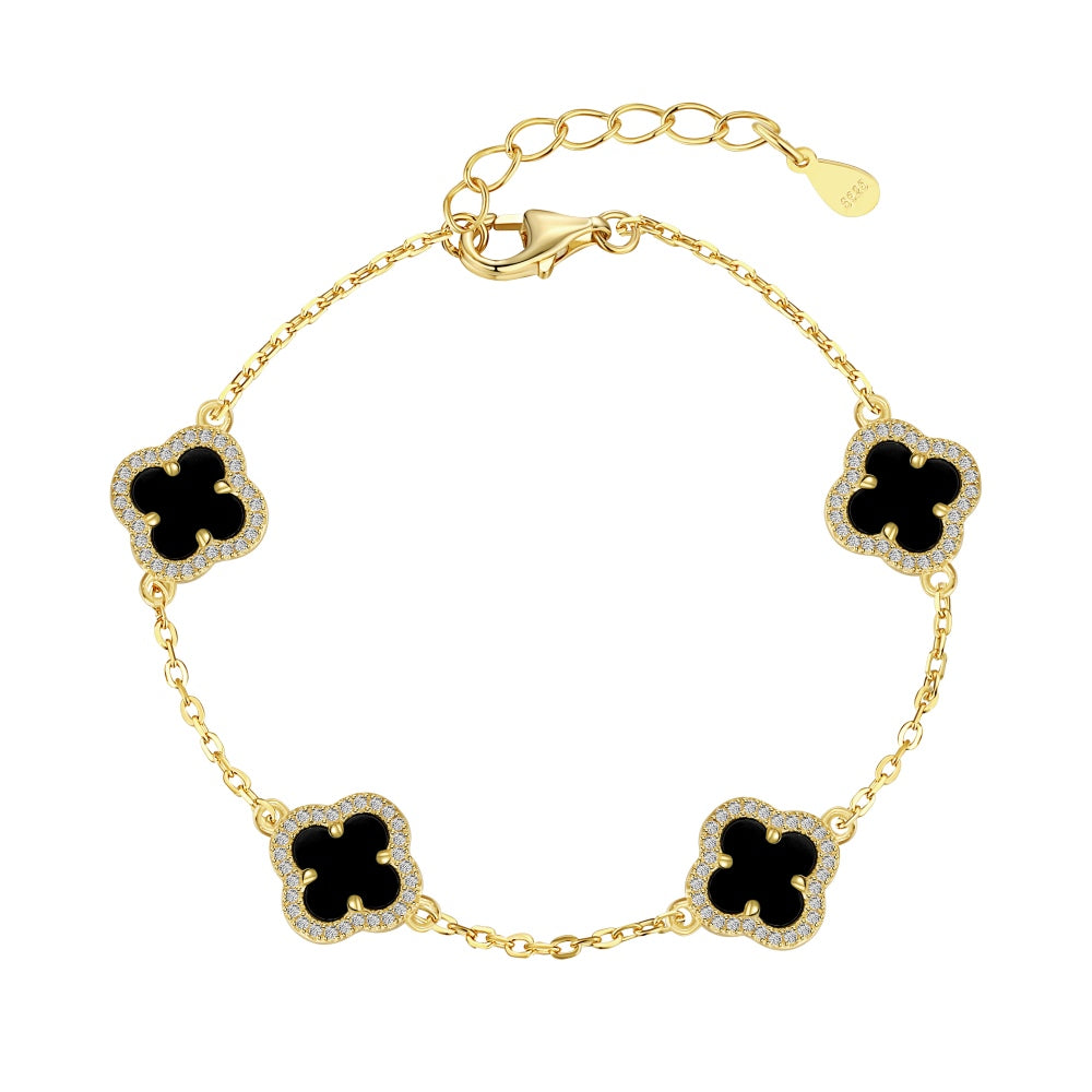 Silver S925 black onyx white round zirconia with diamonds four-leaf clover design fashionable delicate hundred bracelets