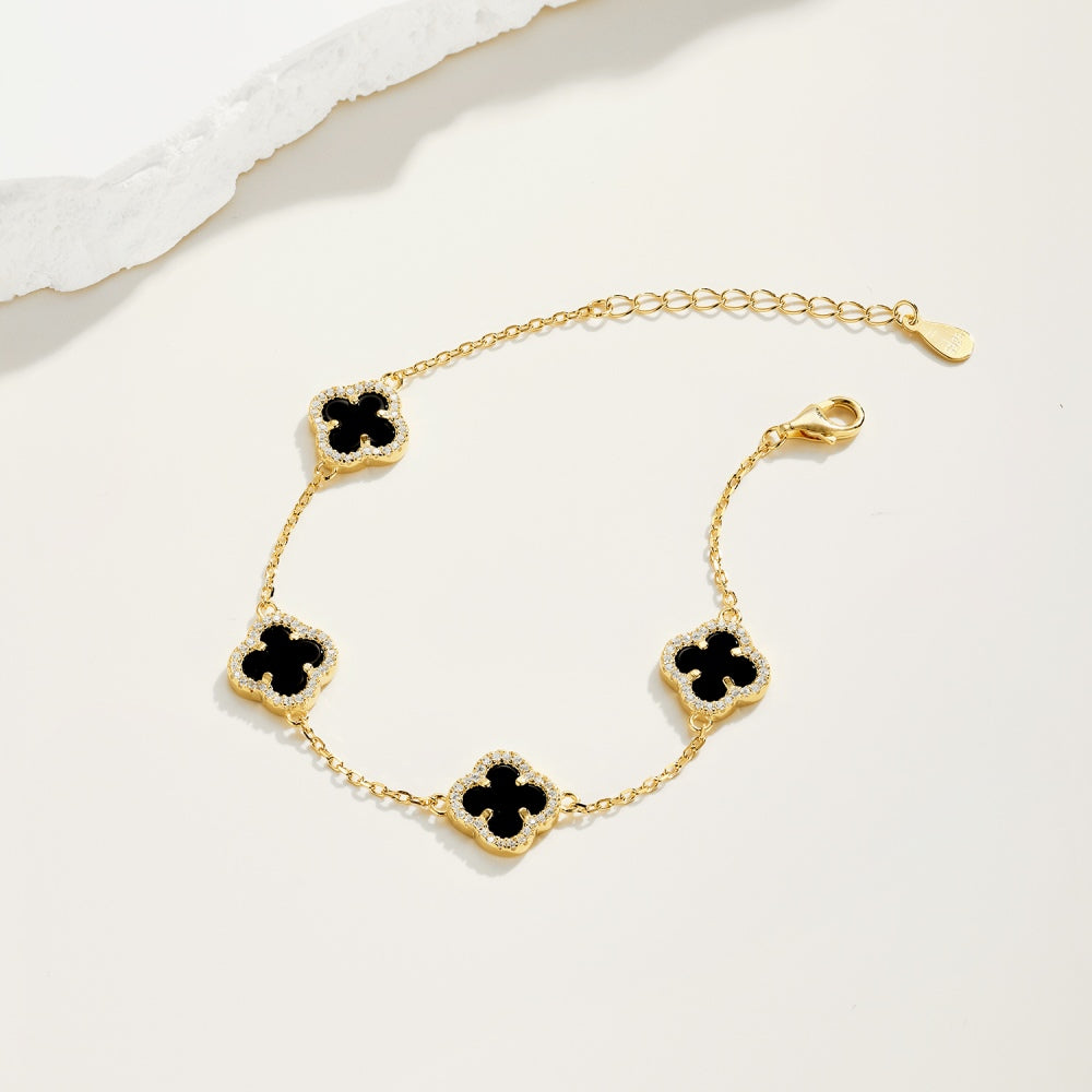 Silver S925 black onyx white round zirconia with diamonds four-leaf clover design fashionable delicate hundred bracelets