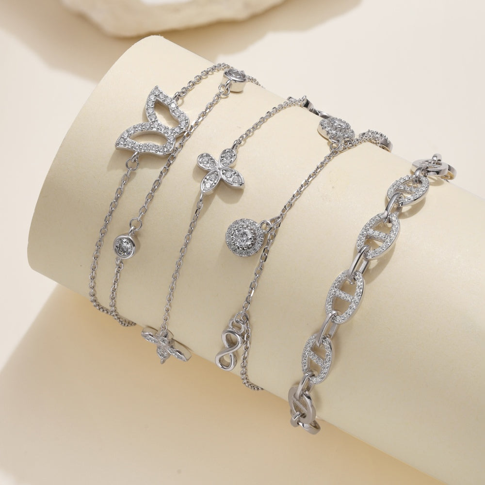 925 silver white round zirconium chain with diamonds polished asymmetric design fashion  bracelet