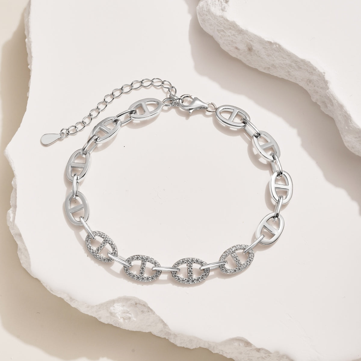 925 silver white round zirconium chain with diamonds polished asymmetric design fashion  bracelet