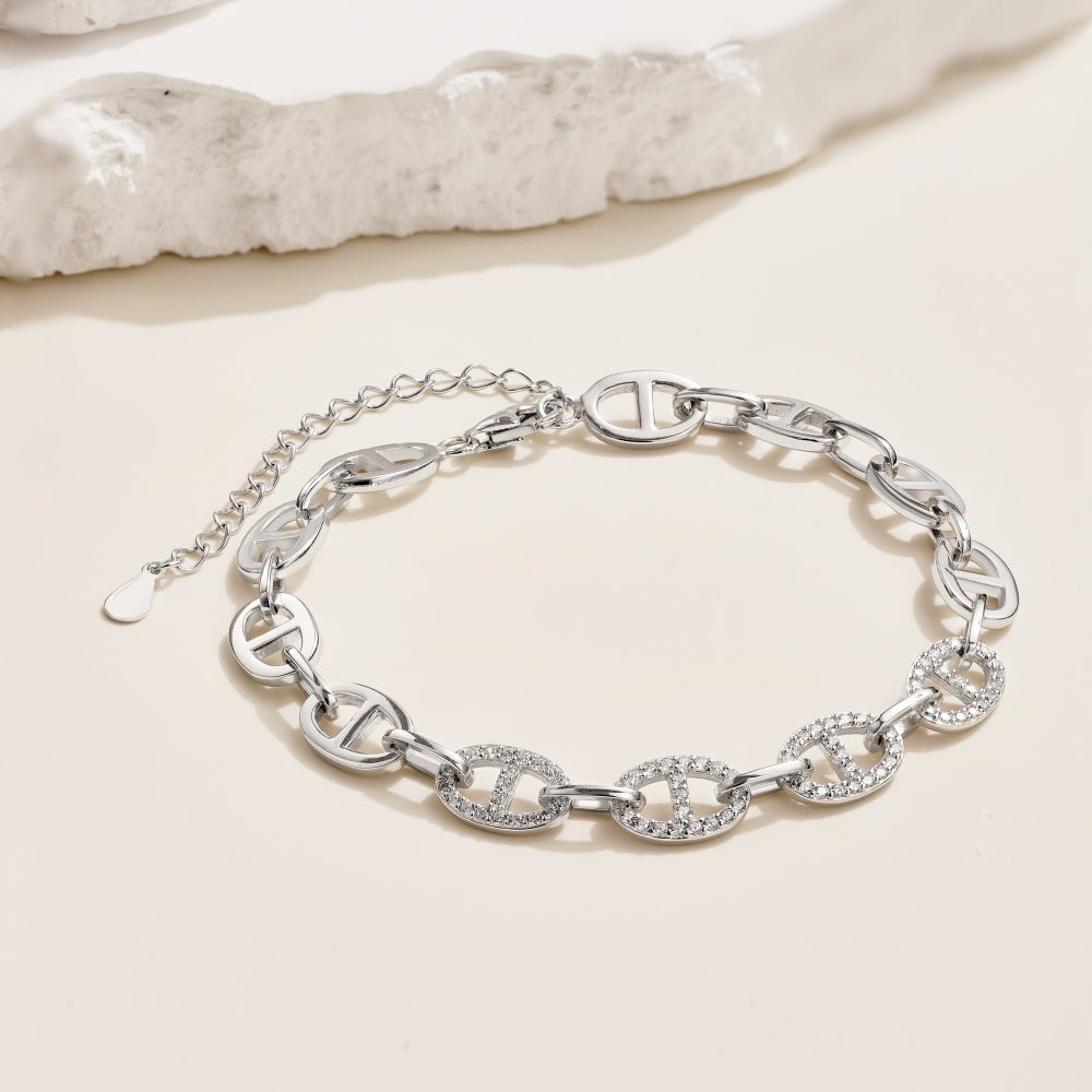 925 silver white round zirconium chain with diamonds polished asymmetric design fashion  bracelet