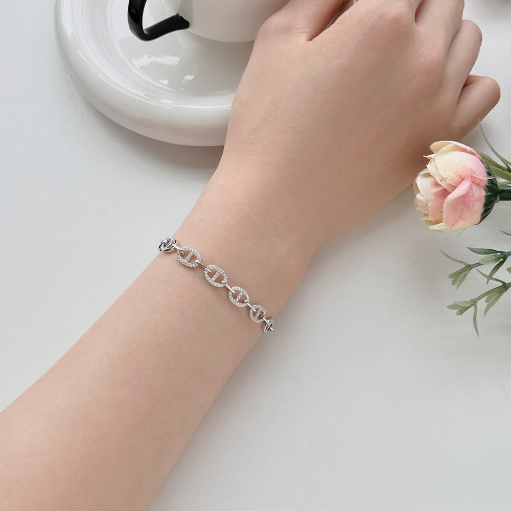 925 silver white round zirconium chain with diamonds polished asymmetric design fashion  bracelet