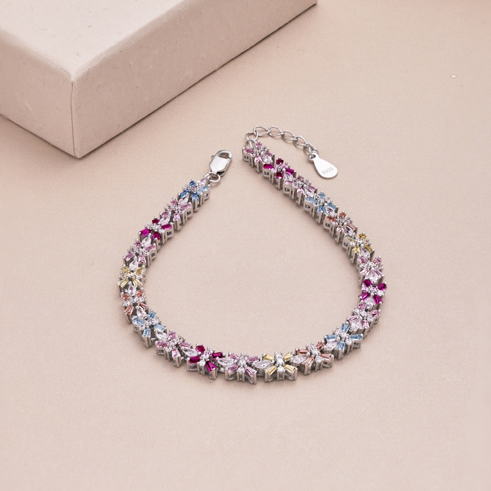 925 Colorful Trapezoidal Stones Trapezoidal White Round Zirconium Set with Row of Diamonds Design Niche Fashion Sophistication Bracelet