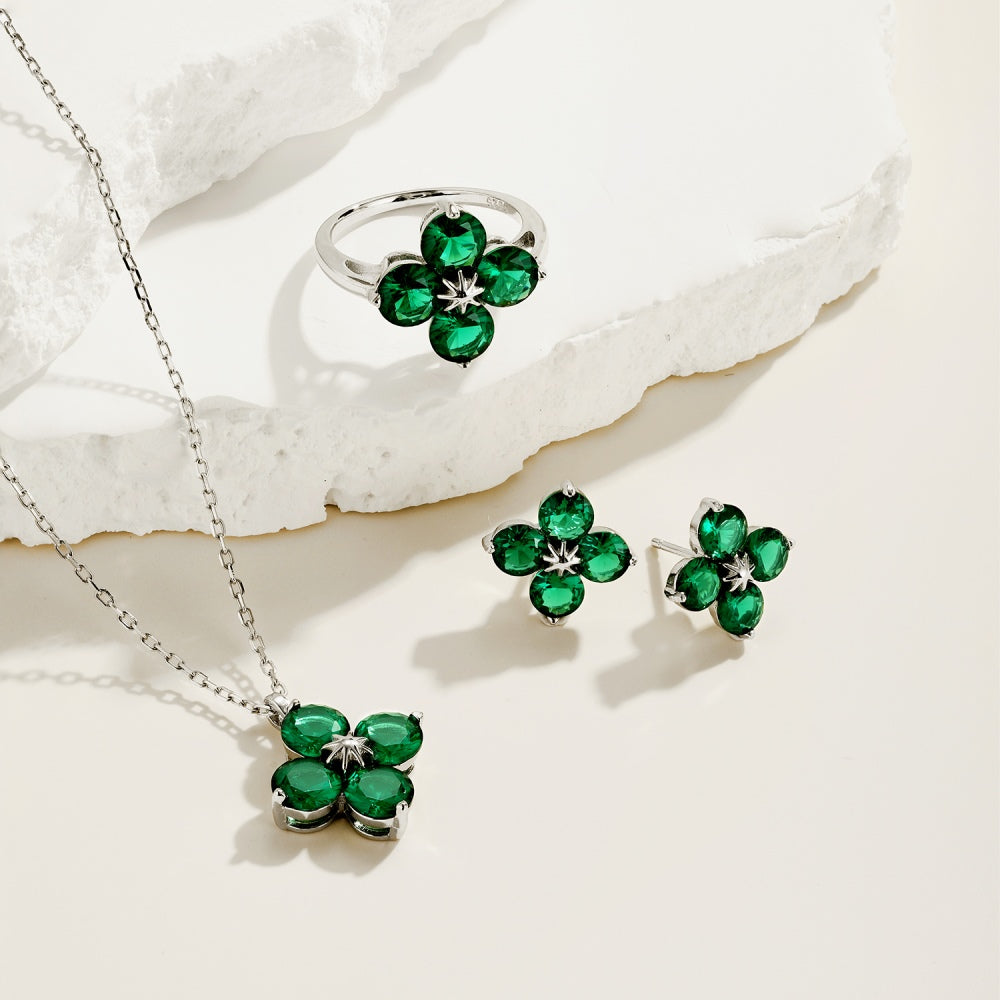 925 Sterling Silver Green Zirconia Clover Earrings