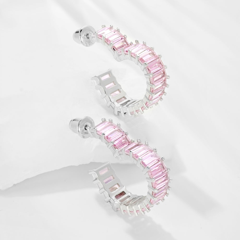 925 Sterling Silver pink Zirconia Hoop Earrings