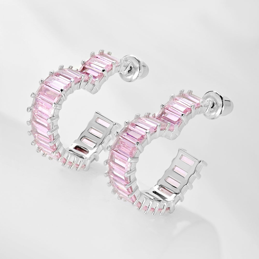 925 Sterling Silver pink Zirconia Hoop Earrings